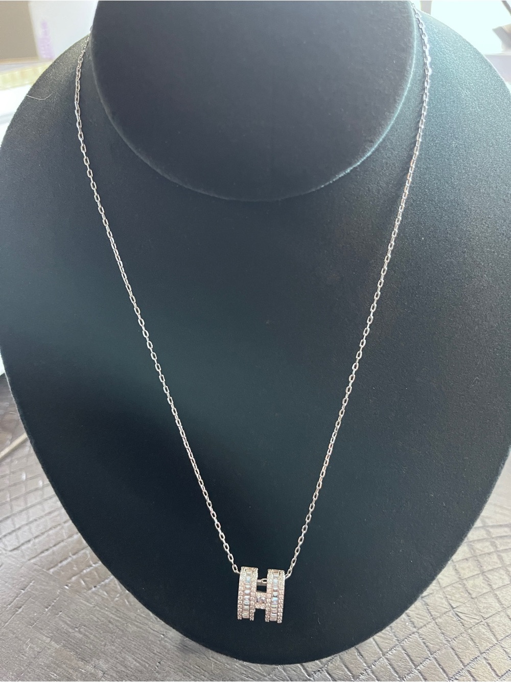 Silver Crystal-Embellished 'H' Pendant Necklace - Sparkling Silver Accent